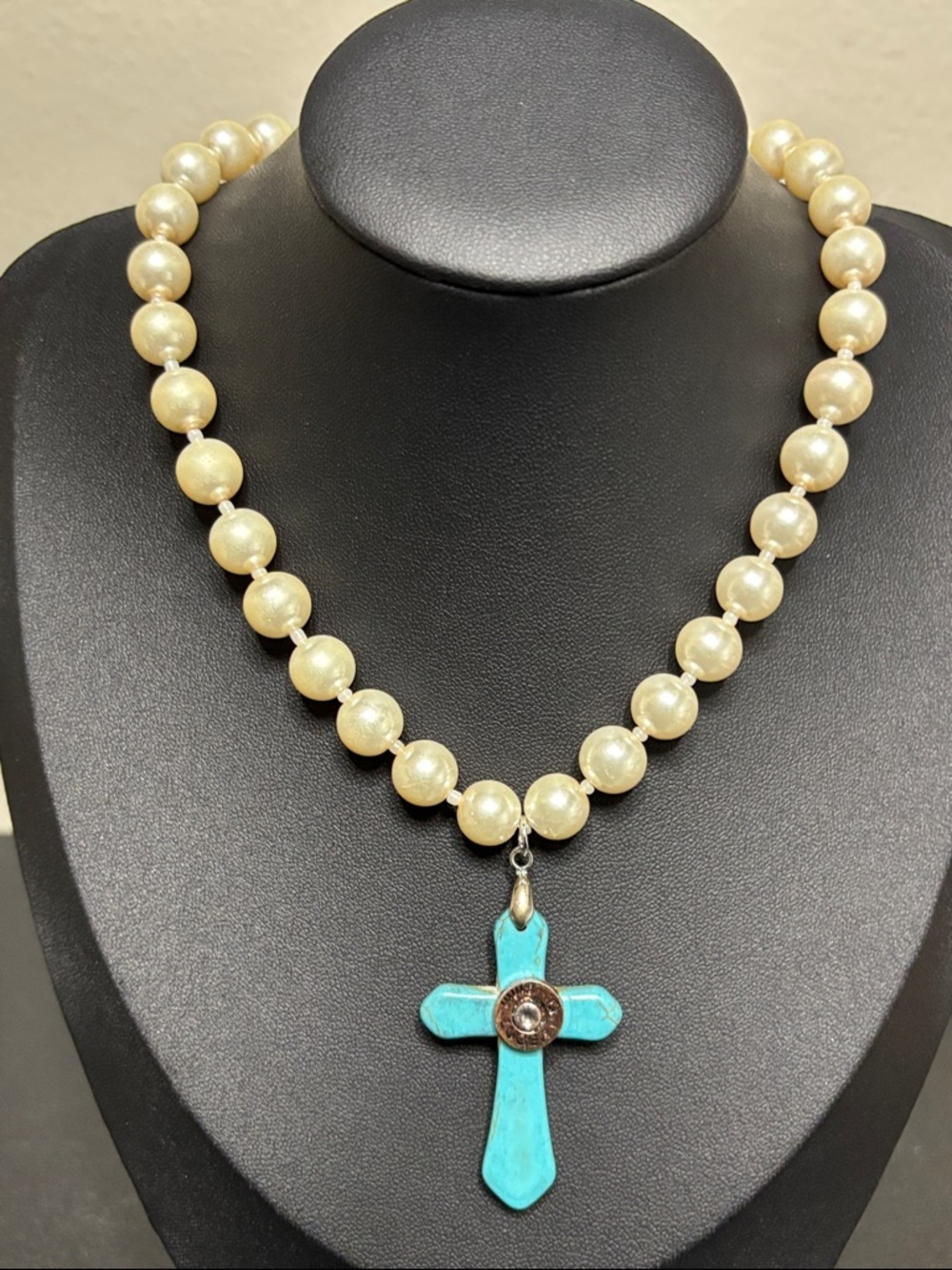 Faux Pearl Turquoise Cross Pendant Elegant Western Bullet Necklace Rocker Chic